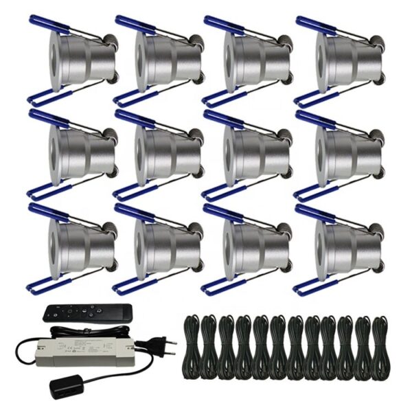 LED Inbouwspots Veranda 12x – Dimbaar & Waterdicht IP65 – 3W 12V Warm Wit 2700K –  Zilver – Complete Plug & Play Set met Afstandsbediening